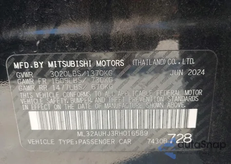 2024 Mitsubishi Mirage Es/Le from USA, damaged, VIN ML32AUHJ3RH016589